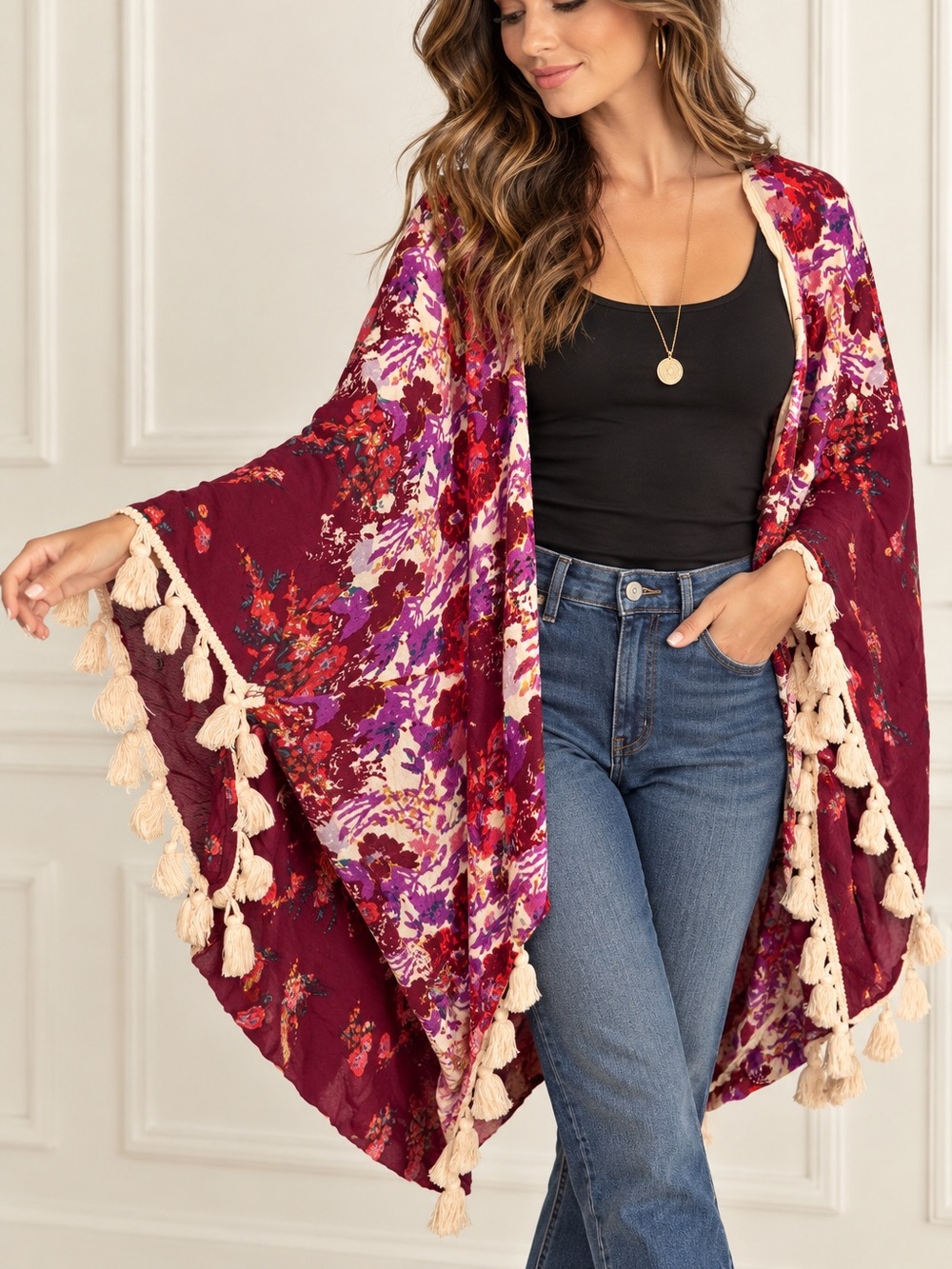 Free People Intimately Bali Wrapped in Blooms Floral Kimono Red Boho Shawl